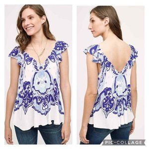 Anthropologie Maeve Blue & White Flutter Sleeve Top